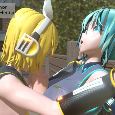 vocaloid, hatsune miku, kagamine rin, peterraynor, 2futas, 69, against wall, anal, balls, big ass, big penis, bottomless, breasts, clothed, clothing