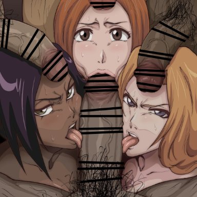 bleach, inoue orihime, matsumoto rangiku, shihouin yoruichi, iwao178, 3girls, 4boys, :&gt;=, angry, angry expression, angry eyes, angry face, blonde hair, blue eyes, brown eyes