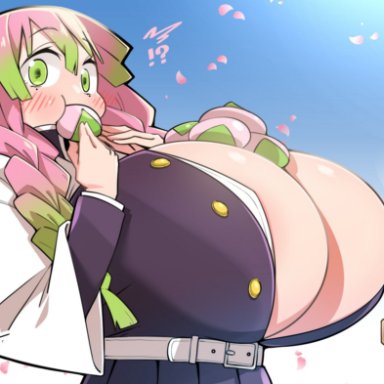 demon slayer, kimetsu no yaiba, kanroji mitsuri, toudori, 1girls, blush, breasts, cleavage, clothed, eating, female, food, green eyes, green hair, holding object