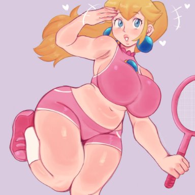 mario (series), mario tennis, nintendo, princess peach, doujinpearl, 1girls, blonde hair, blue eyes, booty shorts, breasts, bubble butt, crop top, female, hips, holding object
