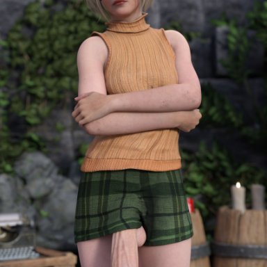 resident evil, resident evil 4, resident evil 4 remake, ashley graham, ashley graham (ella freya), liphisbus, 1futa, annoyed, ballistics, barrel, big penis, blonde hair, candle, casual, clothing