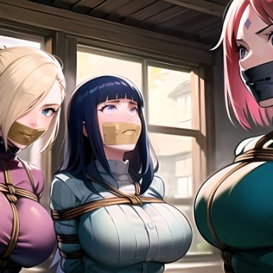 naruto, hyuuga hinata, ino yamanaka, sakura haruno, 3girls, arms tied behind back, blonde hair, blue eyes, blue hair, bondage, gag, gagged, grey eyes, looking at viewer, multiple subs