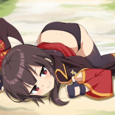 megumin, ass, back, black hair, black panties, black thighhighs, blunt bangs, blush, brown cloak, cloak, closed mouth, doyagao, dress, female, fingerless gloves