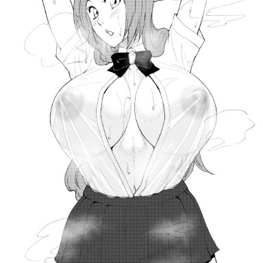 bleach, inoue orihime, iwao178, big breasts, breasts, cleavage, female, huge breasts, large breasts, long hair, nipples, no bra, school uniform, schoolgirl, see-through