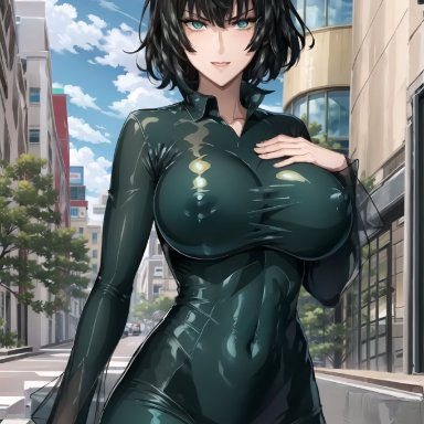 one-punch man, fubuki (one-punch man), stable diffusion, 1girls, bodysuit, curvy body, curvy female, curvy figure, erect nipples, erect nipples under clothes, female, female only, latex suit, nipple bulge, skin tight