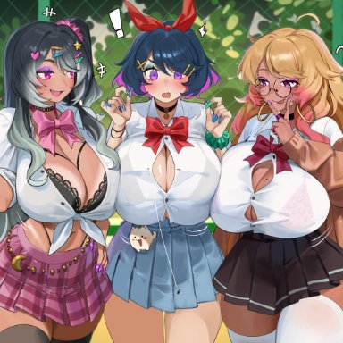 enta (nia), gwyn (sait0moriyama), vena (sait0moriyama), nia (nia4294), 3girls, :p, big breasts, blonde hair, blue hair, blush, breast squish, button pop, dark-skinned female, dark skin, female