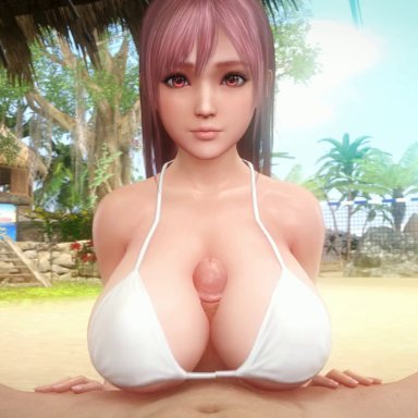 dead or alive, honoka (doa), noname55, 1boy, 1girls, beach, big breasts, breasts, erection, female, large breasts, light-skinned female, light-skinned male, light skin, looking at viewer