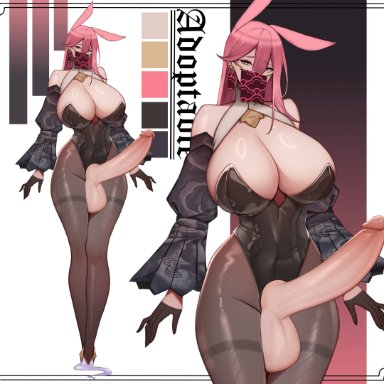 unbeller, 1futa, animal ears, balls, bare shoulders, big balls, big breasts, big penis, breasts, bunny costume, bunny ears, bunnysuit, busty, cock, covering mouth