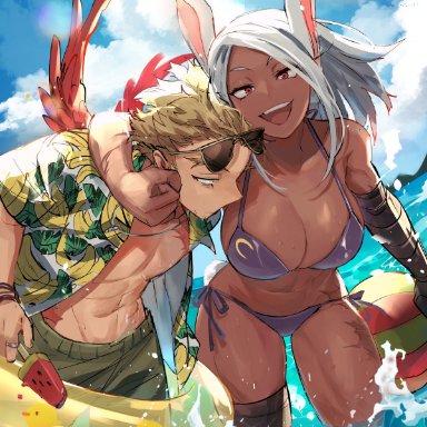 my hero academia, hawks (my hero academia), keigo takami, miruko, rumi usagiyama, kadeart, 1boy, 1girls, abs, animal ears, beach, beach ball, big breasts, bikini, blue sky