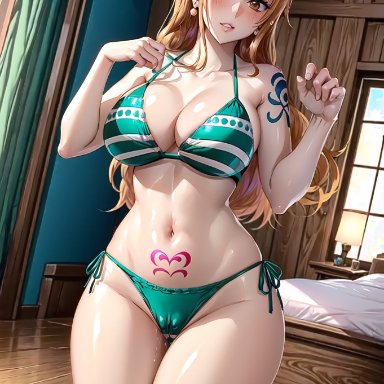 one piece, toei animation, nami, nami (one piece), stable diffusion, 1girls, bikini, curvy body, curvy female, curvy figure, female focus, female only, ginger hair, long hair, underwear