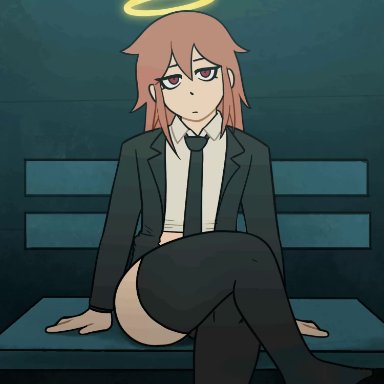 chainsaw man, angel devil (chainsaw man), scrimpart, 1boy, angel, bench, blush, crossed legs, devil boy, femboy, feminine male, halo, long hair, looking at viewer, male only