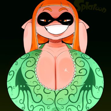 nintendo, splatoon, inkling, inkling girl, ota (artist), 1girls, breasts covered, gigantic breasts, green bra, hands behind head, horny, horny female, huge breasts, hyper, hyper breasts