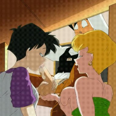 dragon ball, erasa, son gohan, videl, altscrabble007, 1boy, 2girls, big breasts, big penis, black hair, blonde hair, blowjob, blue eyes, classroom, holding balls