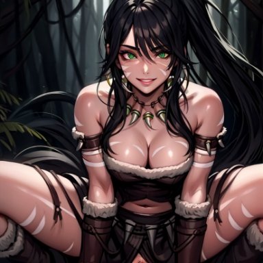 league of legends, nidalee, leukocrisp, stable diffusion, clothed female nude male, cowgirl position, cum, dark skin, forest, green eyes, ponytail, sex, smile, spread legs, ai generated