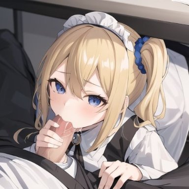 hayasaka ai, airest, stable diffusion, 1boy, 1girls, bangs, blonde hair, blue eyes, blush, fellatio, holding penis, maid, maid apron, maid outfit, maid uniform