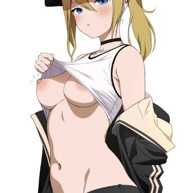 hayasaka ai, coro fae, 1girls, blonde hair, blue eyes, blush, breasts, cap, huge breasts, lifted by self, long hair, looking at viewer, navel, nipples, no bra