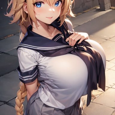 fate/grand order, fate (series), jeanne d'arc (fate), stable diffusion, 1girls, blonde hair, blue eyes, blush, braided hair, breasts, female, french braid, huge breasts, light-skinned female, light skin