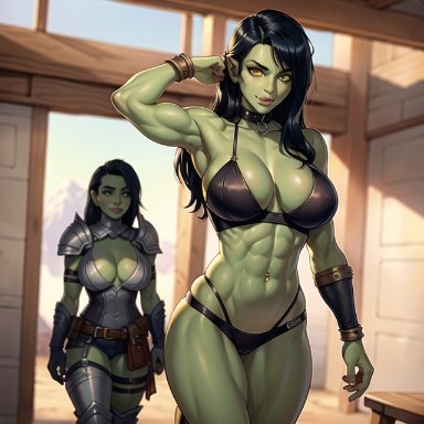 audiostick, stable diffusion, 2girls, abs, arm up, armor, armored gloves, armpits, belly button piercing, belt, biceps, black hair, bra, bracelet, breasts