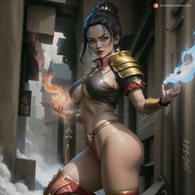 avatar the last airbender, azula, stable diffusion, armor, black hair, chinese clothes, chinese clothing, fire, firebender, golden eyes, hair ornament, hairpin, revealing clothes, shoulder pads, underboob