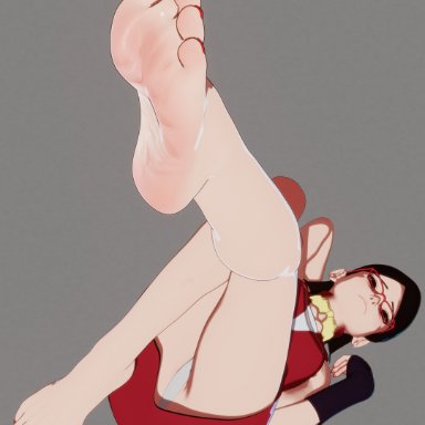 boruto: naruto next generations, naruto, naruto (series), shounen jump, sarada uchiha, muganeko, 1girls, ass, bare arms, bare legs, bare shoulders, barefoot, black gloves, black hair, dress