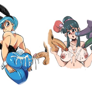 dragon ball, dragon ball z, bulma briefs, chichi, funsexydragonball, ass, black eyes, black hair, blue eyes, blue hair, blush, breasts, bunny ears, bunny girl, cheating