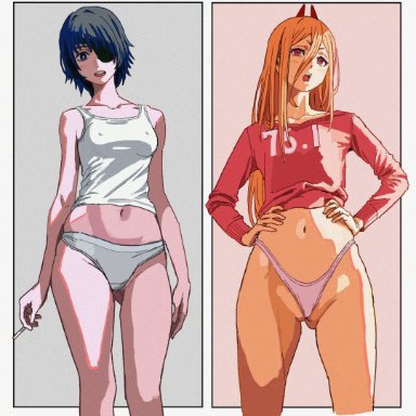 chainsaw man, mappa, himeno (chainsaw man), power (chainsaw man), shiren, 2girls, ass visible through thighs, bottomless, female, female only, panties, thick thighs