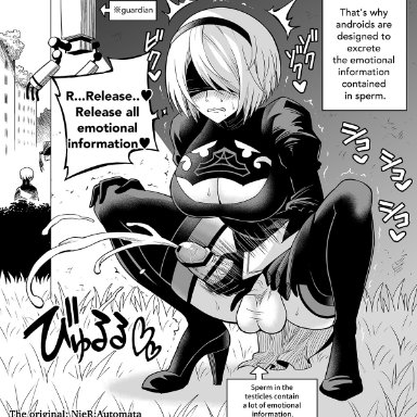 nier, nier: automata, yorha 2b, yorha 9s, hitsumabs, 1boy, 1futa, balls, big breasts, big penis, blindfold, bottomless, breasts, clothed, clothing