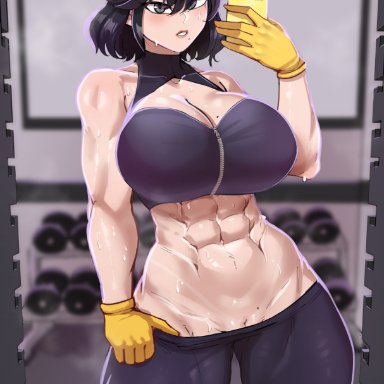 my hero academia, nana shimura, aestheticc-meme, 1girls, 5 fingers, abs, black hair, bra, busty, clothed, female, female only, gloves, gym, hairless pussy