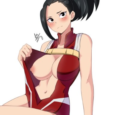 my hero academia, momo yaoyorozu, ariel lopez, 1girls, areola, areolae, bare arms, bare legs, belly button, big breasts, black eyes, black hair, blush, blushing, breasts