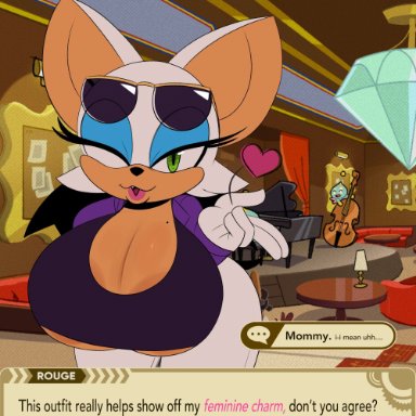 sega, sonic the hedgehog (series), the murder of sonic the hedgehog, chao (sonic), rouge the bat, ota (artist), cello, cleavage, eyeshadow, furry, green eyes, huge breasts, lipstick, looking at viewer, sunglasses