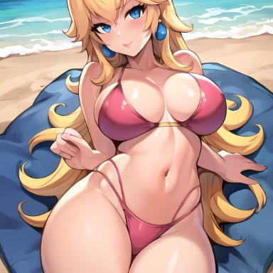 mario (series), nintendo, princess peach, raight21, stable diffusion, 1girls, beach, bikini, blonde hair, blue eyes, cleavage, female, female only, large breasts, long hair