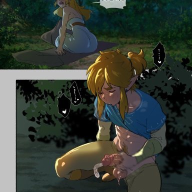 breath of the wild, nintendo, the legend of zelda, link, princess zelda, zelda (breath of the wild), kukumomo, abs, balls, bangs, blonde hair, boots, bottomwear, clothed, clothing