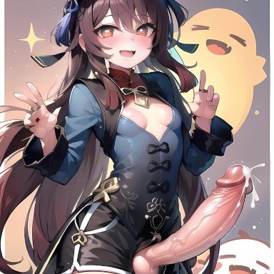 genshin impact, hu tao (genshin impact), puffyart, 1futa, balls, big penis, cleavage, cum, cumming, cute, dress, futanari, ghost, hat, huge cock