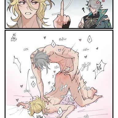 genshin impact, alhaitham (genshin impact), kaveh (genshin impact), abs, bed, blonde hair, clothes, completely nude, enemies to lovers, fucked from behind, gay, grabbing sheets, gray hair, male/male, male only