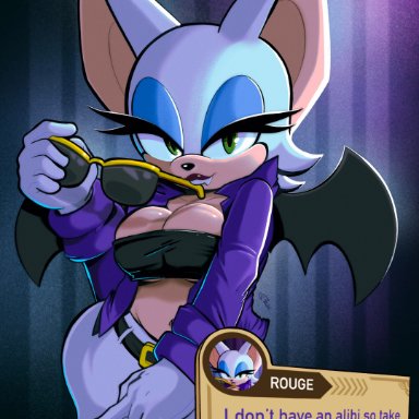 sega, sonic (series), the murder of sonic the hedgehog, rouge the bat, roboticsteve, 1girls, animal ears, animal nose, bat ears, bat wings, belt, biting glasses, black belt, blue eyeshadow, breasts