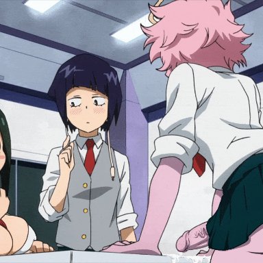 my hero academia, kyoka jiro, mina ashido, tsuyu asui, 1futa, 2girls, after ejaculation, ass, big breasts, big penis, breasts, clothed, clothing, cum, cumdrip