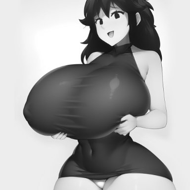 friday night funkin, girlfriend (friday night funkin), monochrome ai, clothed, female, holding breast, huge breasts, open mouth, ai generated, black and white, monochrome