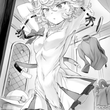 one-punch man, tatsumaki, mogudan, 1girls, arms behind head, bangs, belt, blush, bow, bracelet, breasts, cameltoe, clothing, curly hair, curvy