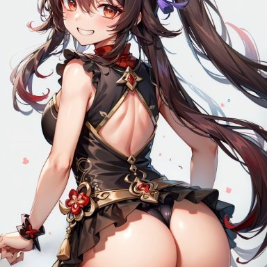 genshin impact, hu tao (genshin impact), alternate costume, ass, bare shoulders, blush, breasts, brown eyes, brown hair, come hither, dress, female, from behind, grin, hair flower