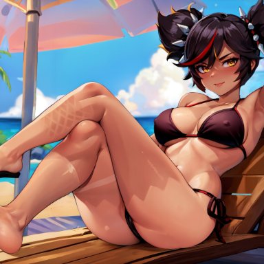 genshin impact, xinyan (genshin impact), stable diffusion, xinyandegen, alternate costume, arm behind head, arm up, armpits, ass, bangs, bare arms, bare legs, bare shoulders, barefoot, beach