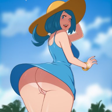 pokemon, pokemon (anime), pokemon sm (anime), lana's mother (pokemon), sinfulline, arm up, ass, ass visible through thighs, back, bare shoulders, blue dress, blue eyes, blue hair, blue nails, bracelet