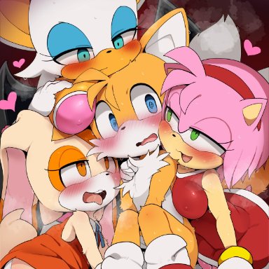 sonic (series), amy rose, cream the rabbit, rouge the bat, tails, dagasi, 1boy, 3girls, bat, before sex, erect nipples, erect nipples under clothes, foursome, fox, hedgehog