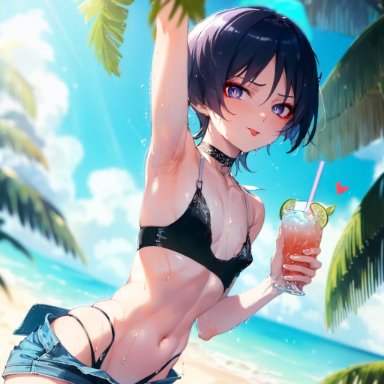 genshin impact, scaramouche (genshin impact), ganyuishot7, stable diffusion, arm up, armpit, beach, bikini, bikini top, choker, denim skirt, femboy, heart, holding, holding drink