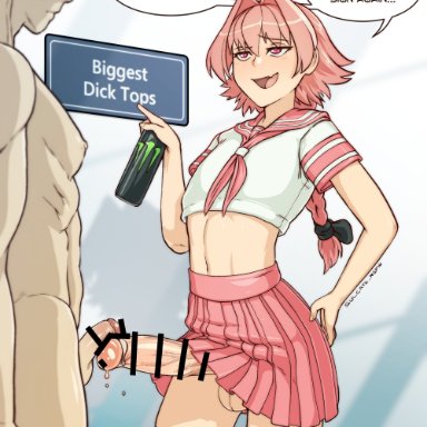 fate/apocrypha, fate/grand order, fate (series), monster energy, astolfo (fate), sulcate, 2boys, astolfo (sailor paladin) (fate), can, crop top, femboy, girly, hair intakes, holding, holding can