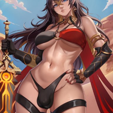 genshin impact, dehya (genshin impact), exlic, 1futa, animal ears, arm length gloves, balls, bangs, bare shoulders, bare thighs, big breasts, bikini bottom, bikini top, bkini, black gloves