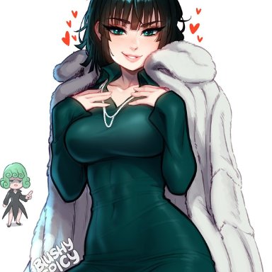 one-punch man, fubuki (one-punch man), blushypixy, blushyspicy, black hair, character in background, devious grin, eyebrows, eyebrows visible through hair, eyelashes, female, female focus, grin, hands on chest, heart