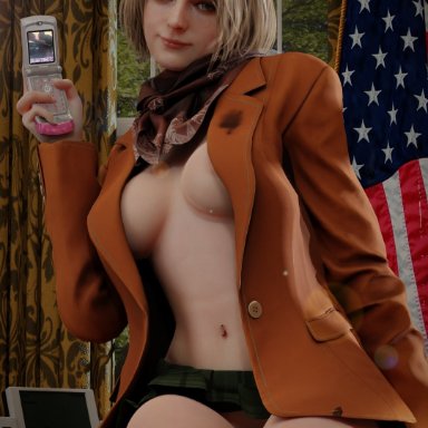 resident evil, resident evil 4, resident evil 4 remake, ashley graham, ashley graham (ella freya), akkonsfw, 1girls, barely clothed, blonde hair, breasts, cellphone, flip phone, jacket, phone, 3d