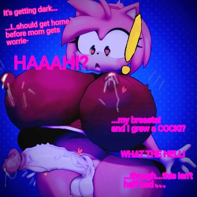 sonic (series), sonic the hedgehog (series), amy rose, 69anon69 (edit), cham22, sadflowerhappy, 1futa, anthro, balls, big breasts, black nose, blush, breast expansion, breasts, clothed