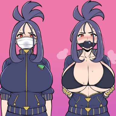 nintendo, pokemon, pokemon sv, dendra (pokemon), jam-orbital, 1girls, ball gag, black bra, black hair, black jacket, black pants, bondage, bra, breasts, cross scar