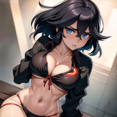 kill la kill, matoi ryuuko, audiostick, stable diffusion, black hair, blue eyes, blush, breasts, cleavage, collared shirt, large breasts, looking at viewer, panties, ai generated